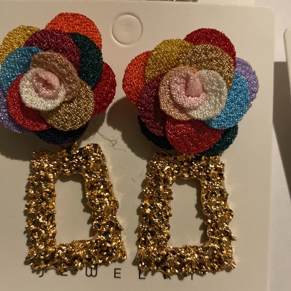 ✨❤️ Statement Rainbow Floral Drop Earrings | Gold Textured Rectangle Dangle 💛✨